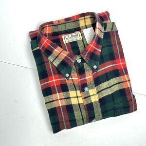 Vintage L.L. Bean Flannel Button Up Shirt Cotton Plaid Green Red Yellow size XL